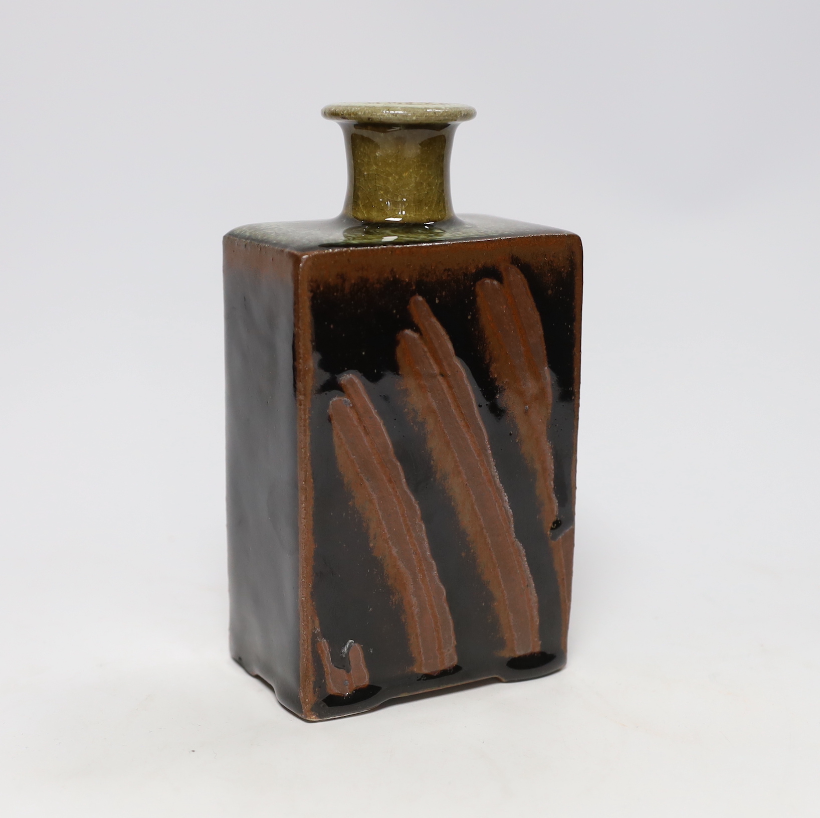 Winchcombe pottery tenmoku glazed rectangular studio pottery flask, attributed to Ray Finch, 18cm